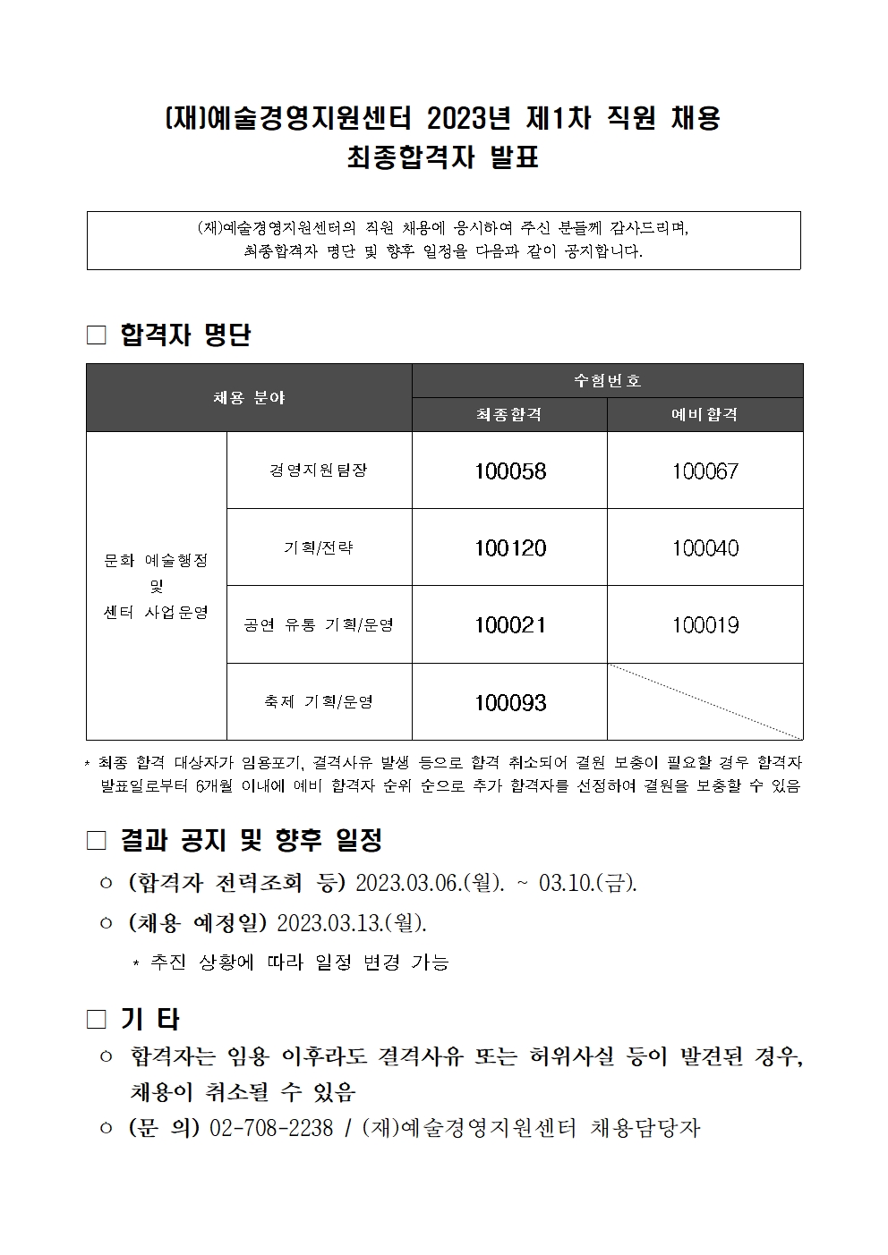 (재)예술경영지원센터 2023년 제1차 직원 채용 최종결과 안내